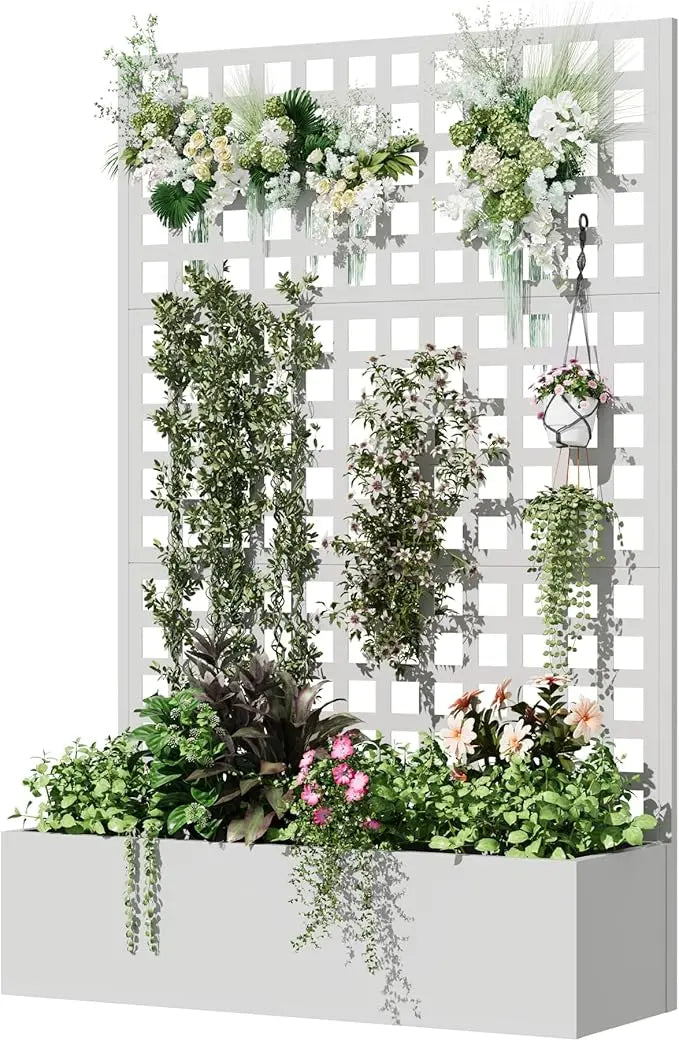 Metal Planter Box with Trellis 71 Inch by 47 Inch by 16 Inch Raised Garden Bed with Privacy Screen and Drainage Hole
