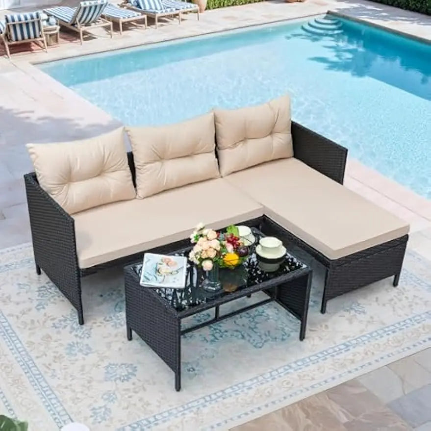 Outdoor 3 Piece Wicker Patio Set With Cushions And Table