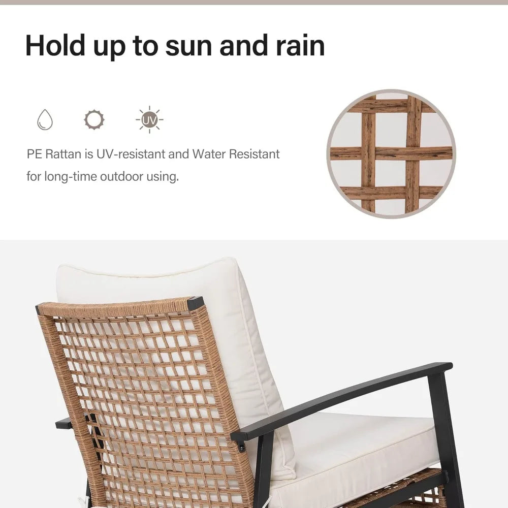 3 Pieces Rocking Bistro Set, Outdoor Patio Furniture Set with Thick Cushions and 2-Tier Coffee Table, Oversize Rattan Sets