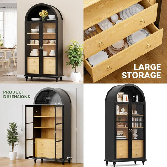 TIFICY Tall Arched Storage Cabinet With Drawers Glass Doors
