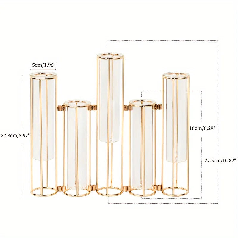 Test Tube Vase with Five Test Tubes Gold Centerpiece Vase with Metal Stand Glass Vase for Wedding Home Decoration