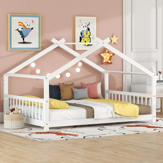 Modern Full House Beds, Montessori Bed Wood Frame, Kids Platform Bed with Headboard & Footboard for Children Boys Girls Teens