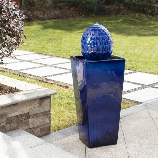 Ceramic Outdoor Water Fountain with LED Light,Patio Fountain Waterfall for Garden Patio Deck Porch, Cobalt Blue, 35.75" H