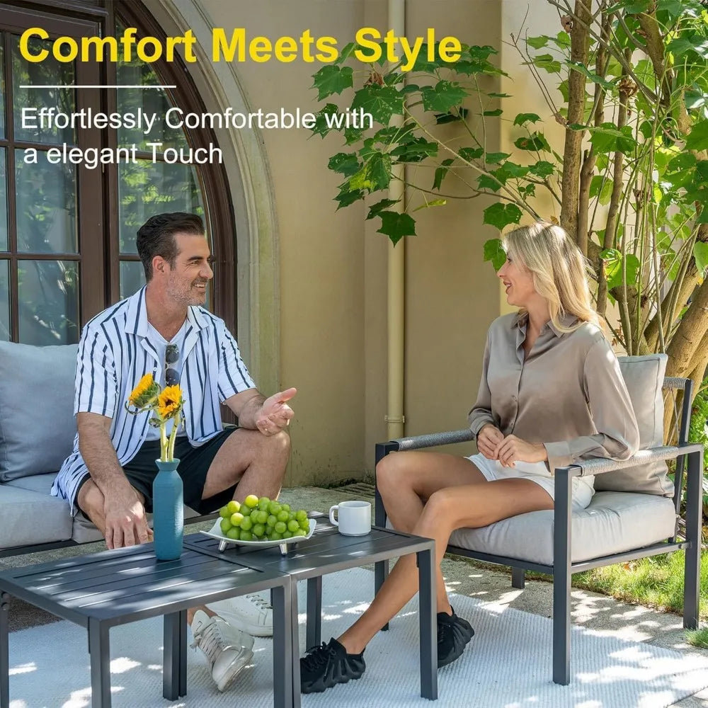 Metal Patio Furniture Set, 5-Piece Modern Patio Set with Sofa and Coffee Tables, Outdoor Furniture Set for Garden, Backyard, Bal
