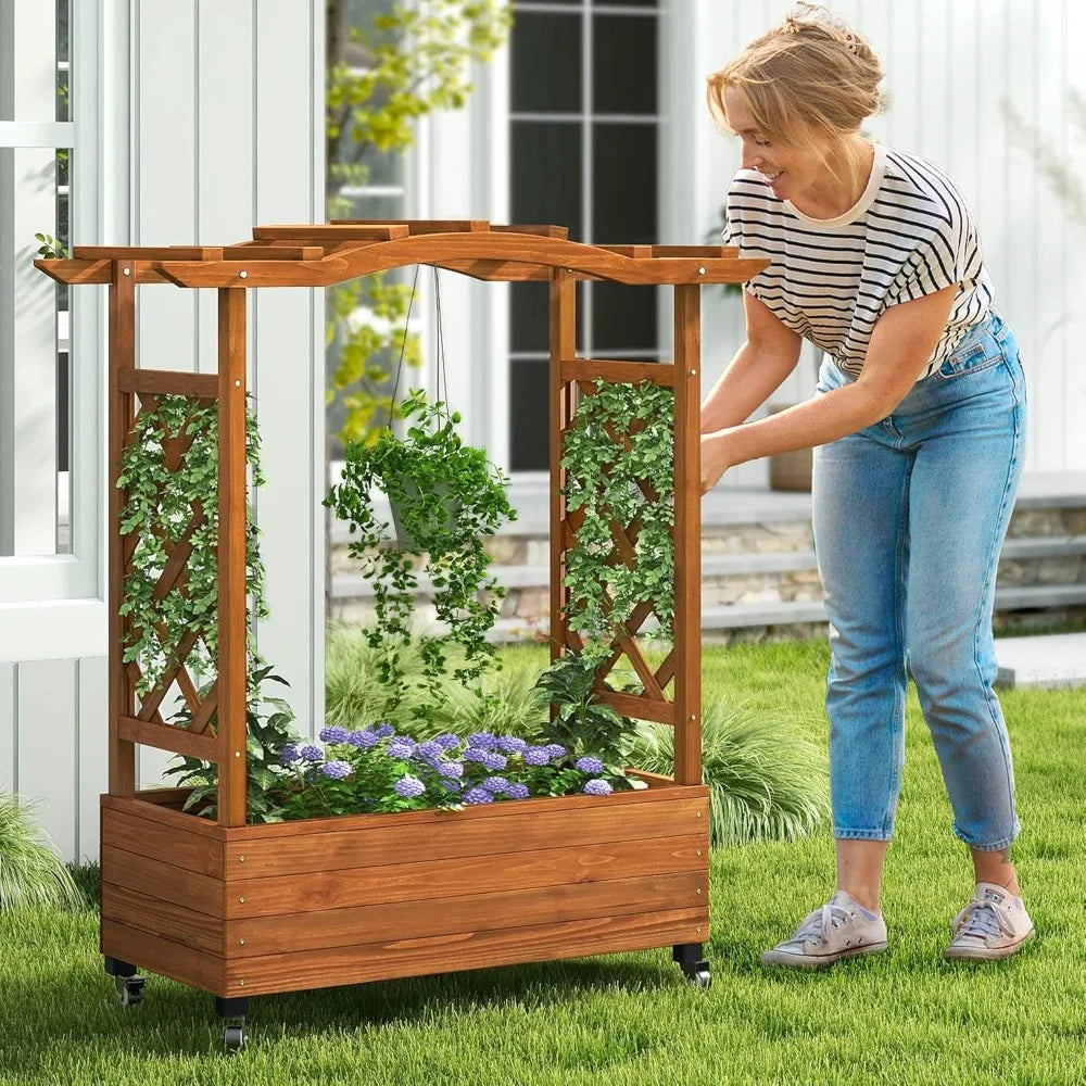 DWVO Raised Garden Bed with Trellis Movable, Weather Resistant Solid Wood Planter Box with Wheels for Climbing Plants, Elevated
