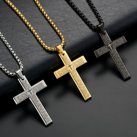 Sweet Blossoms Haven Carved Cross Pendant Titanium Necklace