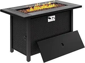 45in Fire Table, Propane Fire Pit with Glass Wind Guard and Rain Cover, Outdoor Firepit Table 50000 BTU 3-in-1 Fire Table for P