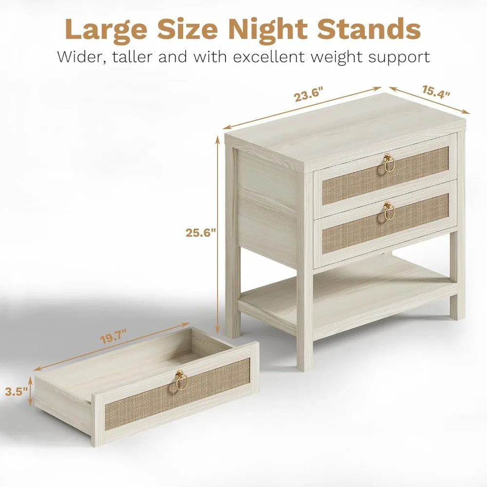 Ticify Boho Rattan Nightstand Set Of 2 With Drawers