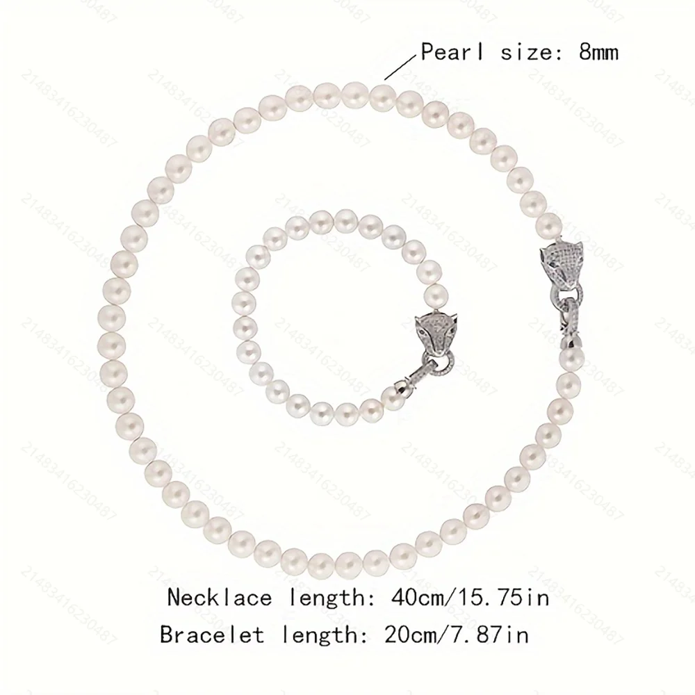 Zircon Pearl Necklace Bracelet Set 925 Sterling Silver Women
