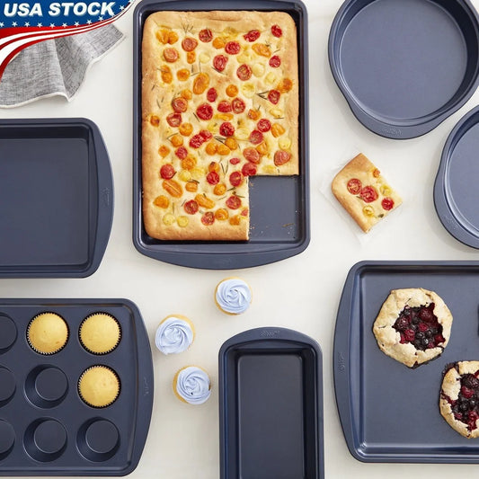 Diamond-Infused Non-Stick Baking Set 7-Piece Dishwasher Safe Bakeware Large Medium Muffin Loaf Round Pans Kitchen Gift