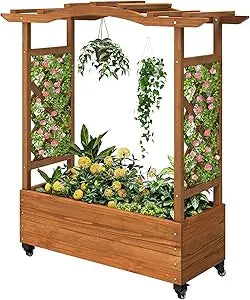 DWVO Raised Garden Bed, Outdoor Planter Box, Small Flower Box with Double-Layer, 4 Swivel Casters and Built-in Drain Holes, Idea