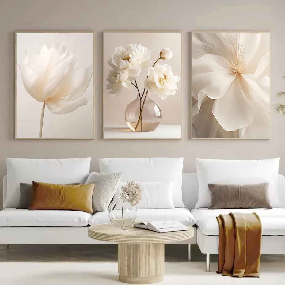 Scandinavian Beige Peony Flower Art Poster Modern Flower Botanical Wall Decor Beautiful Art Canvas Print Home Bedroom Decor