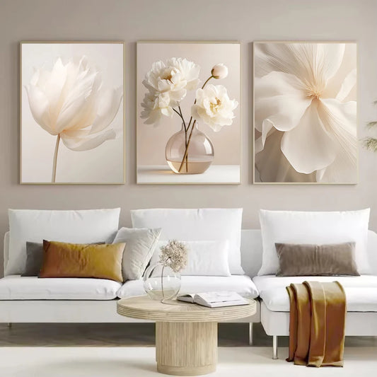 Scandinavian Beige Peony Flower Art Poster Modern Flower Botanical Wall Decor Beautiful Art Canvas Print Home Bedroom Decor
