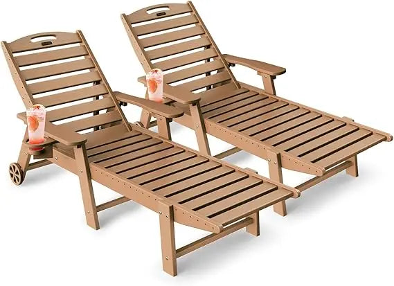 Outdoor Lounge Chairs Set of 2 with Wheels and Cup Holder