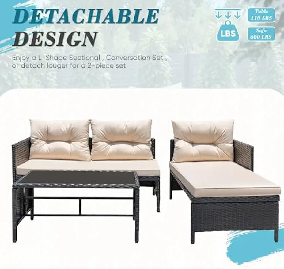 Outdoor 3 Piece Wicker Patio Set With Cushions And Table