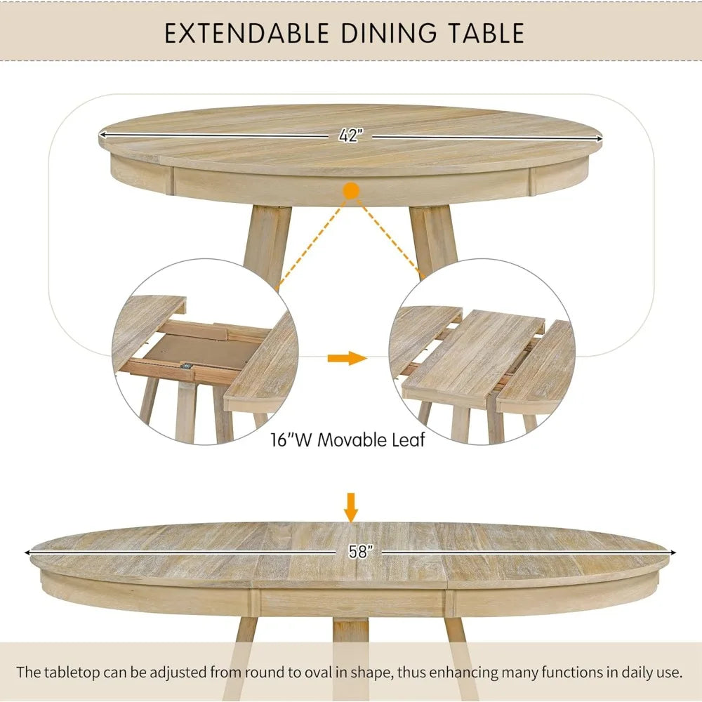 RBXC Round Extendable Dining Table Set With Chairs Wood