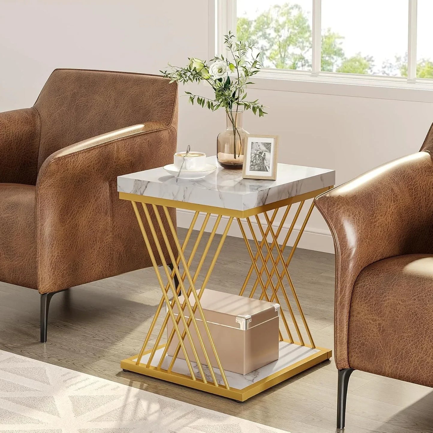 Little Tree Modern Square Two Tier End Table With Storage