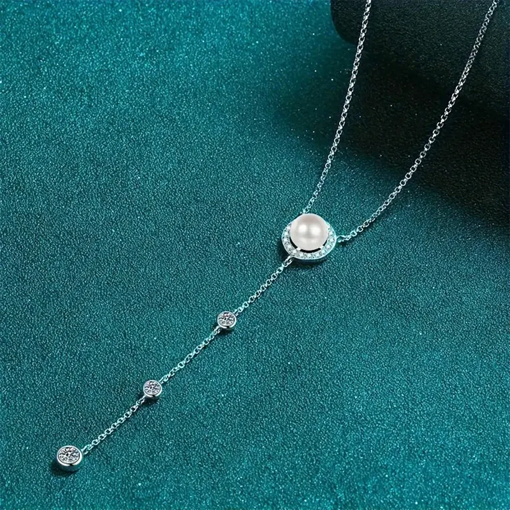 Moissanite Pendant Necklace for Women 925 Sterling Silver 8mm Luxury Pearl Long Tassel Chain Y Shaped Necklace USA Stock