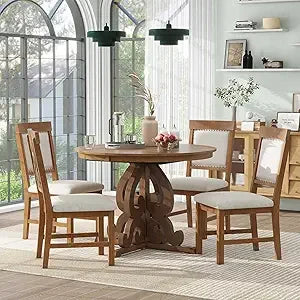 Extendable Dining Table Set for 4-6, Solid Wood Kitchen Table Set with 4 Upholstered Chairs for Kitchen, Dining Room, Small Spa