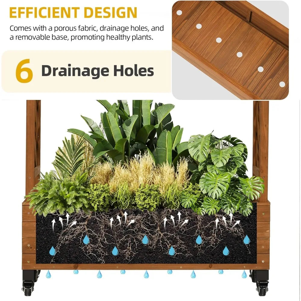DWVO Raised Garden Bed with Trellis Movable, Weather Resistant Solid Wood Planter Box with Wheels for Climbing Plants, Elevated