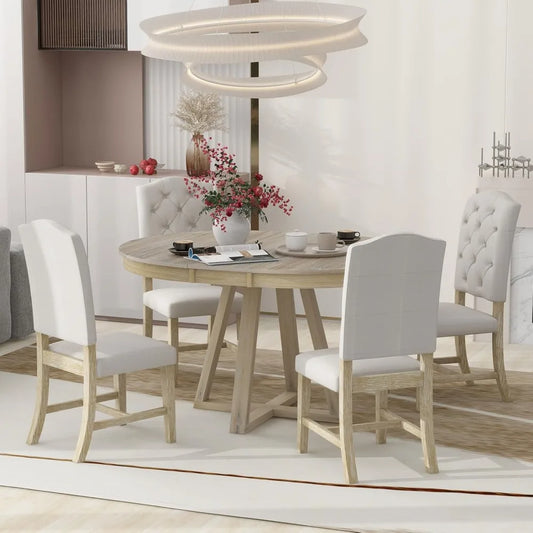 RBXC Round Extendable Dining Table Set With Chairs Wood