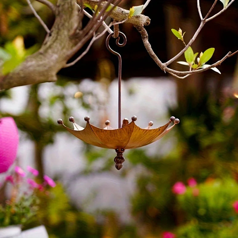 An antique umbrella shaped metal bird food tray, outdoor hanging bird bathtub and food bowl, decorative garden yard accessories
