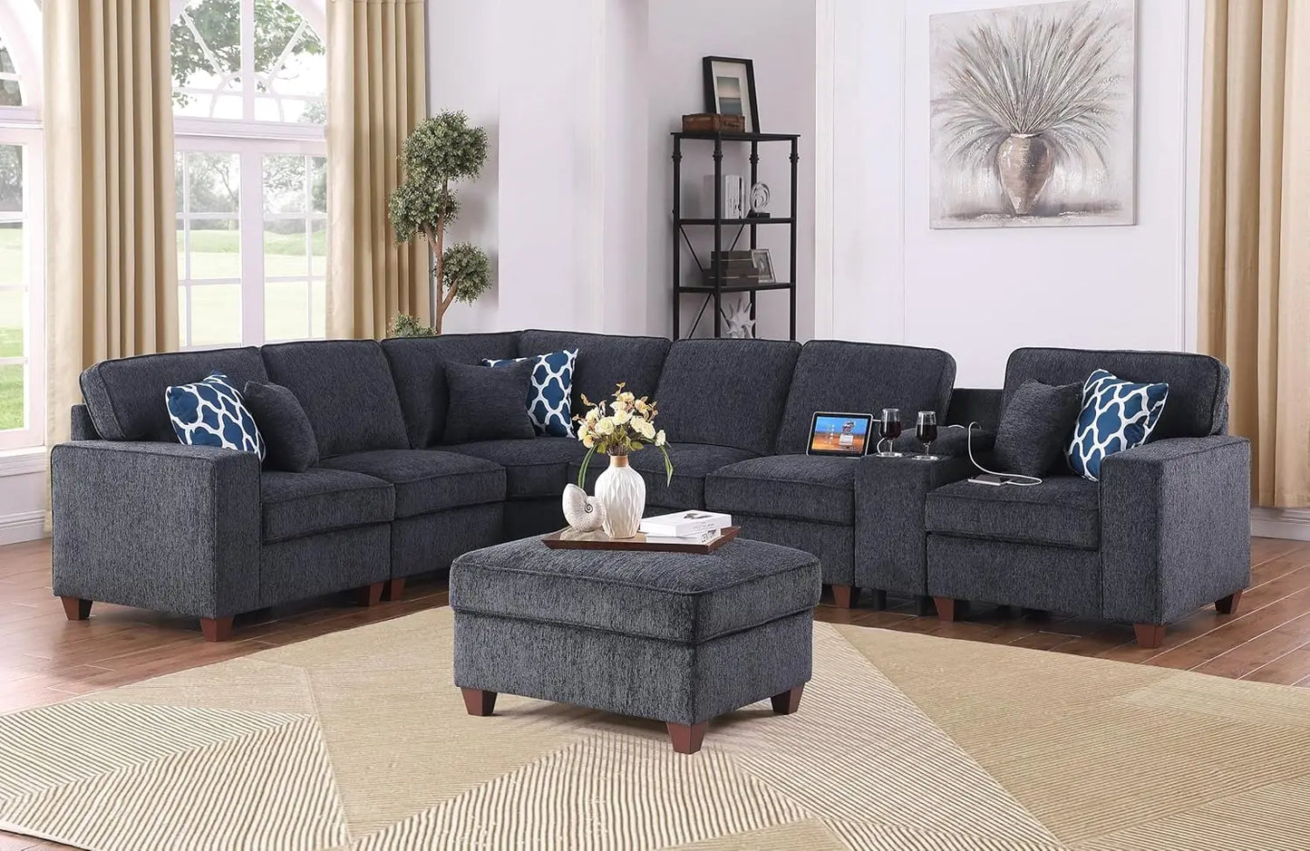 Sichuan Sectional Sofa With Movable Ottoman And Pillows