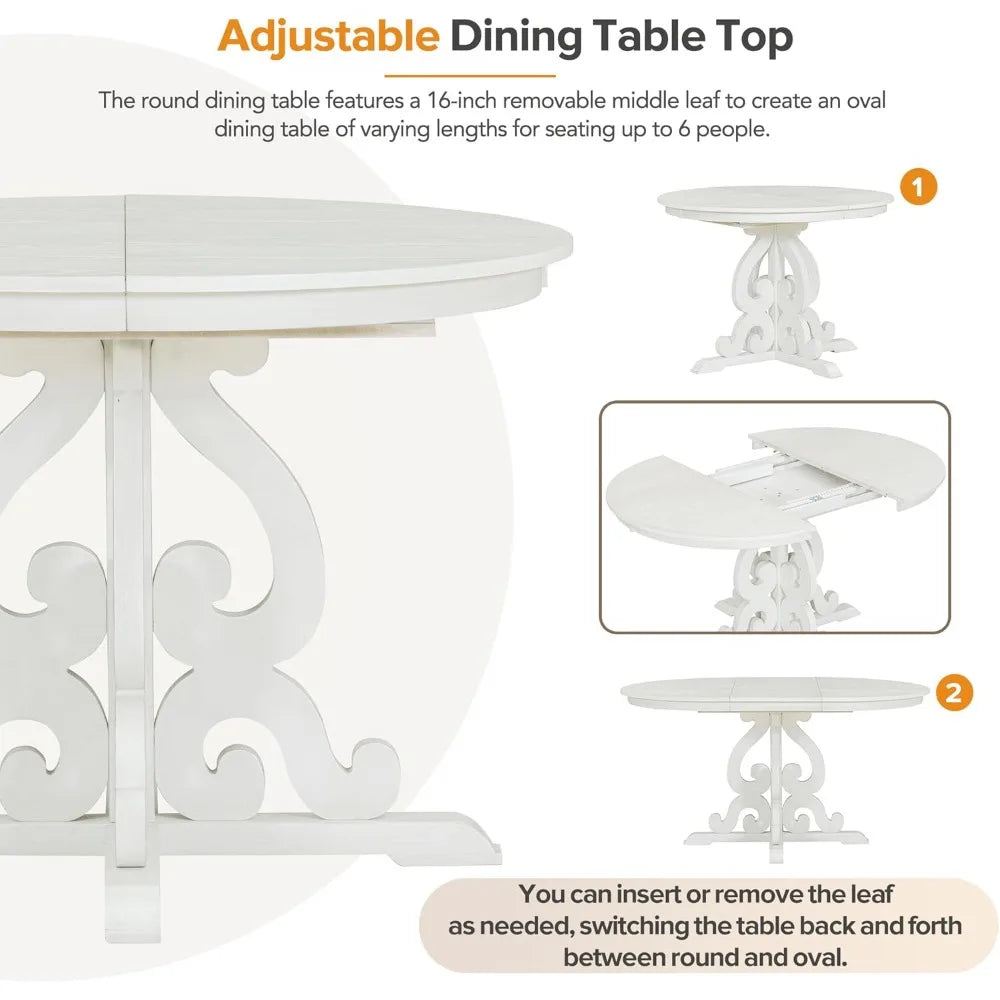 Extendable Dining Table Set for 4-6, Solid Wood Kitchen Table Set with 4 Upholstered Chairs for Kitchen, Dining Room, Small Spa