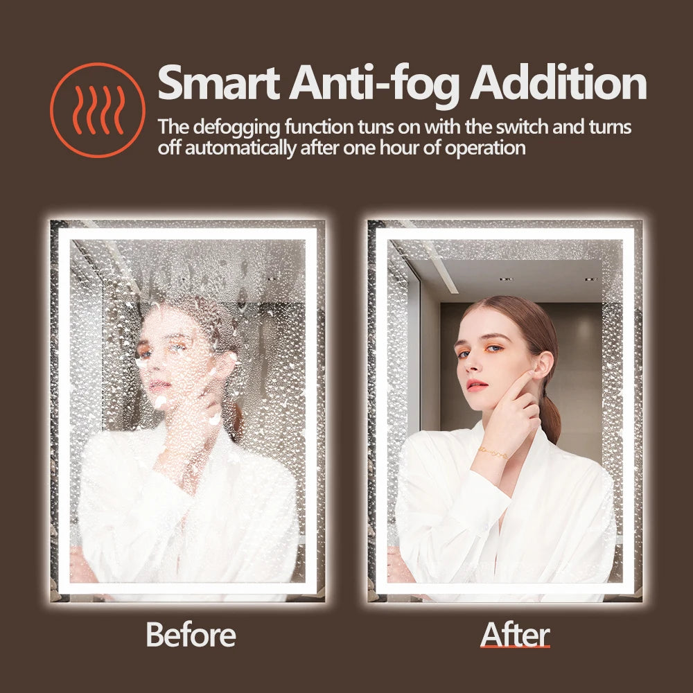 SH.KL Smart LED Bathroom Mirror, Anti-Fog and Dimmable, 3-Color Lighting with Memory, 5mm Shatterproof Glass, Wall-Mounted