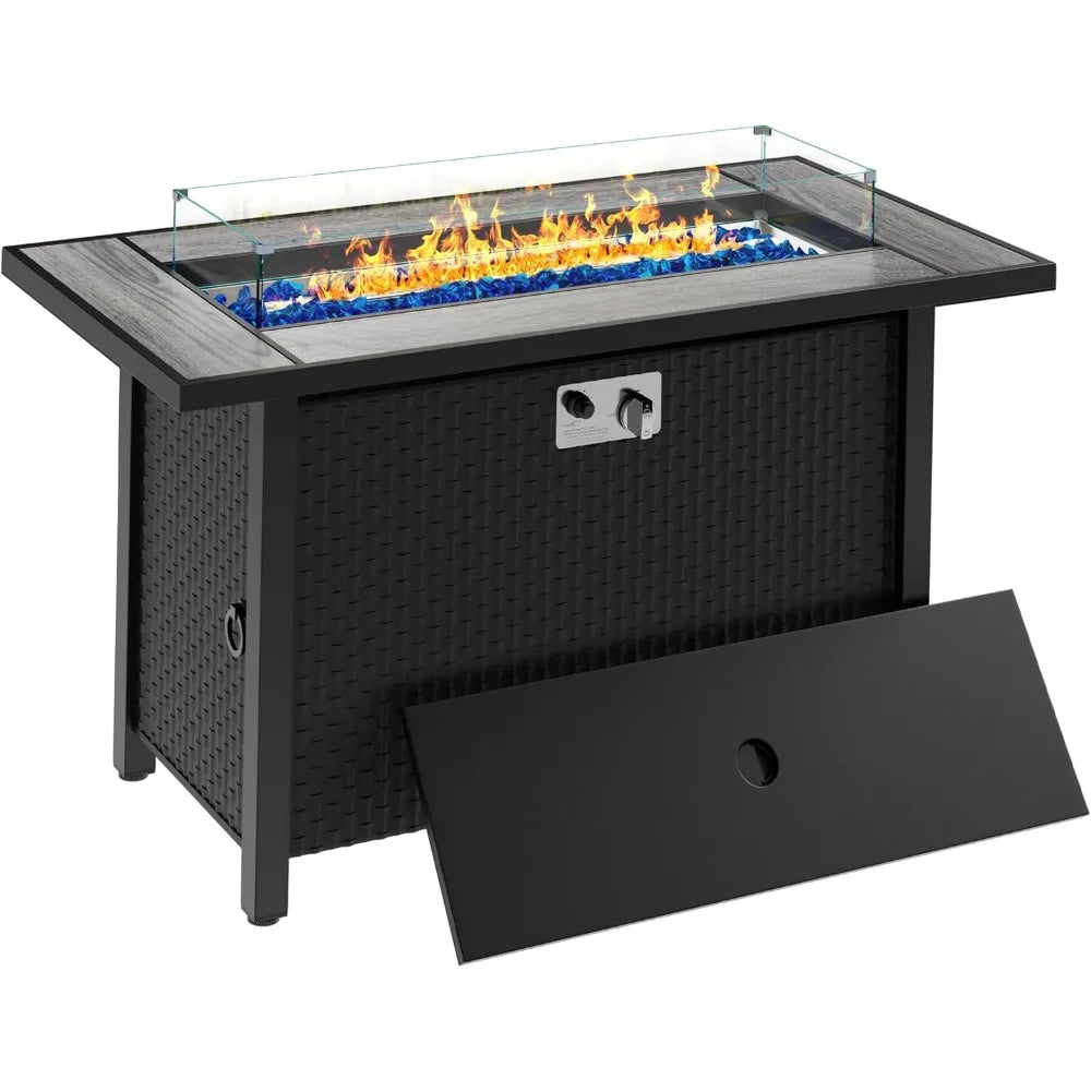 45in Fire Table, Propane Fire Pit with Glass Wind Guard and Rain Cover, Outdoor Firepit Table 50000 BTU 3-in-1 Fire Table for P
