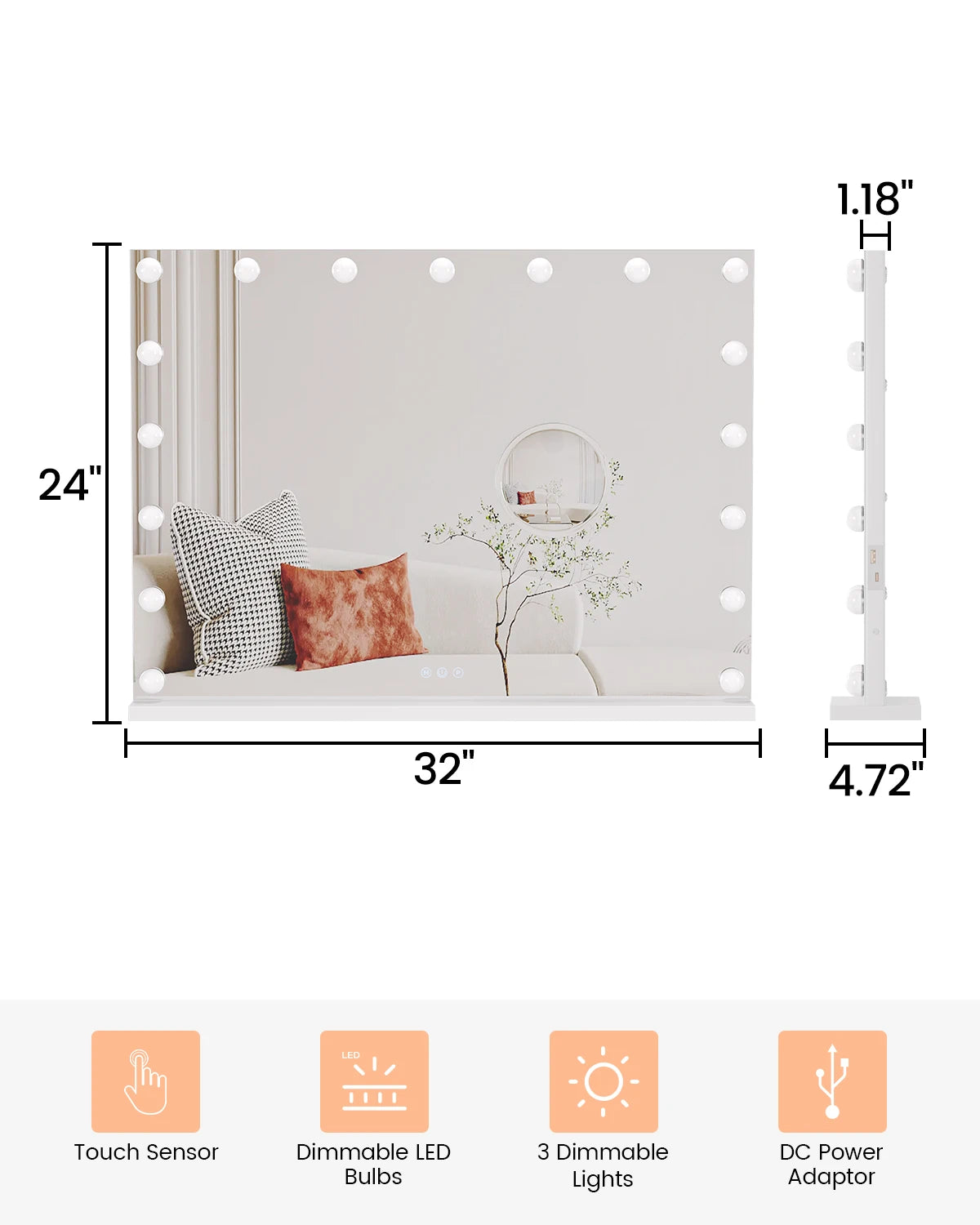 Vanity Mirror with Lights 17 Dimmable LED Bulbs Lighted 3 Color Modes Touch Control Makeup Mirror 3X Magnification for Bedroom