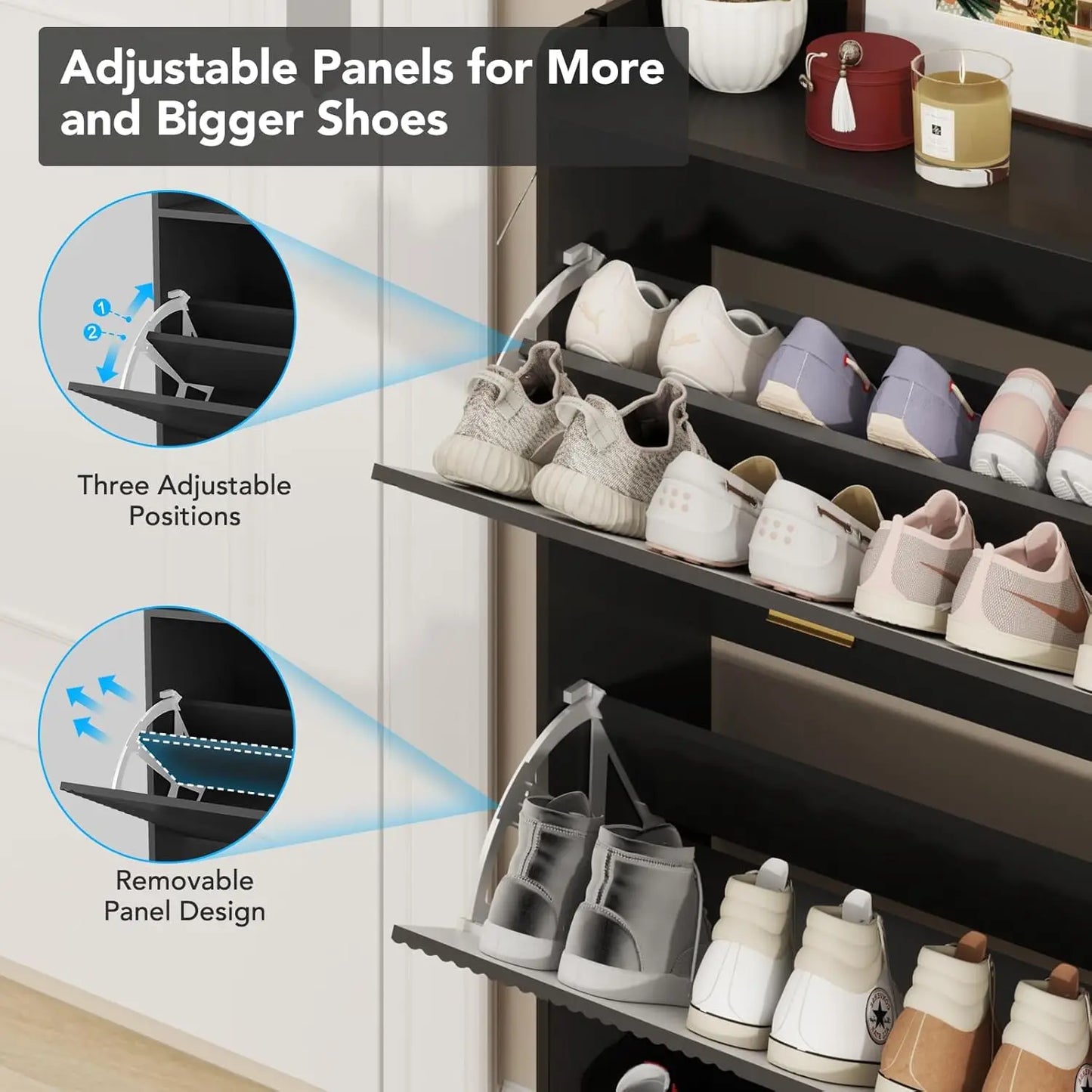 Shoe Cabinet for 24 Pairs, Fits Size 13, Slim Freestanding Shoe Rack Organizer with 2 Flip Drawers & Coat Hooks