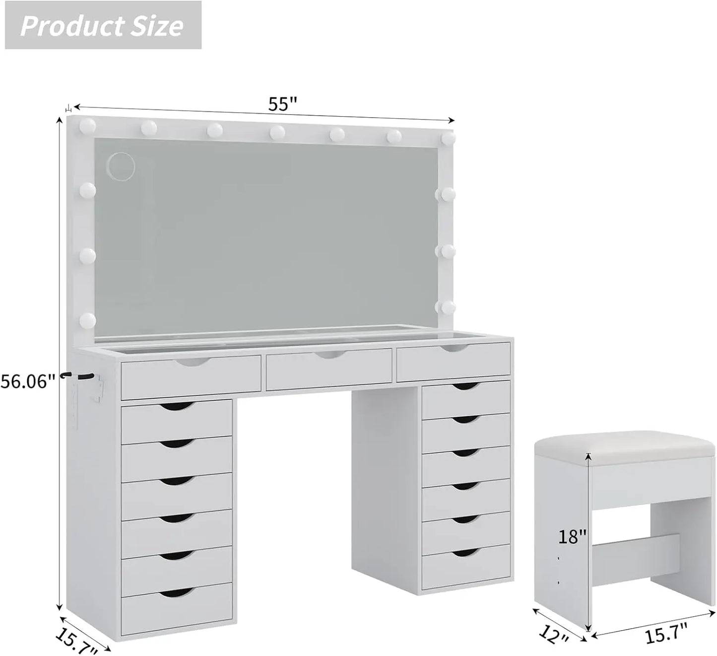 Vanity Desk with Mirror and Lights, Makeup Table with Charging Station, 3 Color Lighting Modes, 15 Drawers Dressing Table