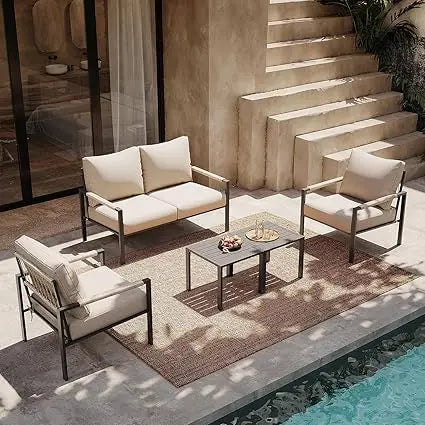 Metal Patio Furniture Set, 5-Piece Modern Patio Set with Sofa and Coffee Tables, Outdoor Furniture Set for Garden, Backyard, Bal