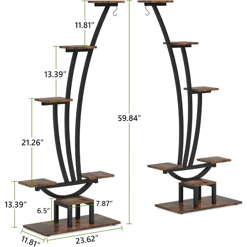 6 Tier Tall Indoor Plant Stand Pack of 2 Metal Curved Display Shelf with 2 Hanging Hooks Multi Purpose Bonsai Flower Pot Holder