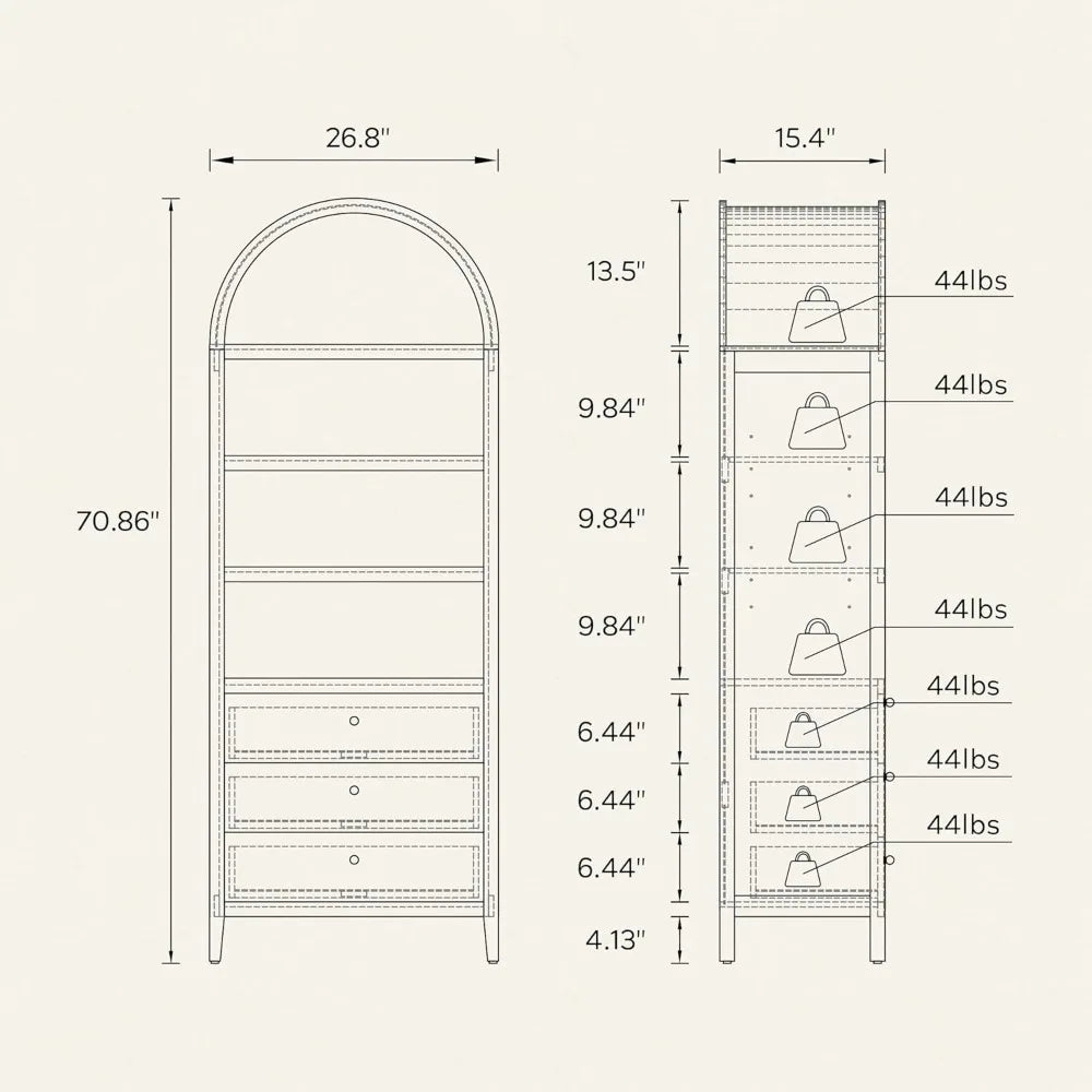 MKDK Tall Arched Bookshelf With Drawers Farmhouse Cabinet