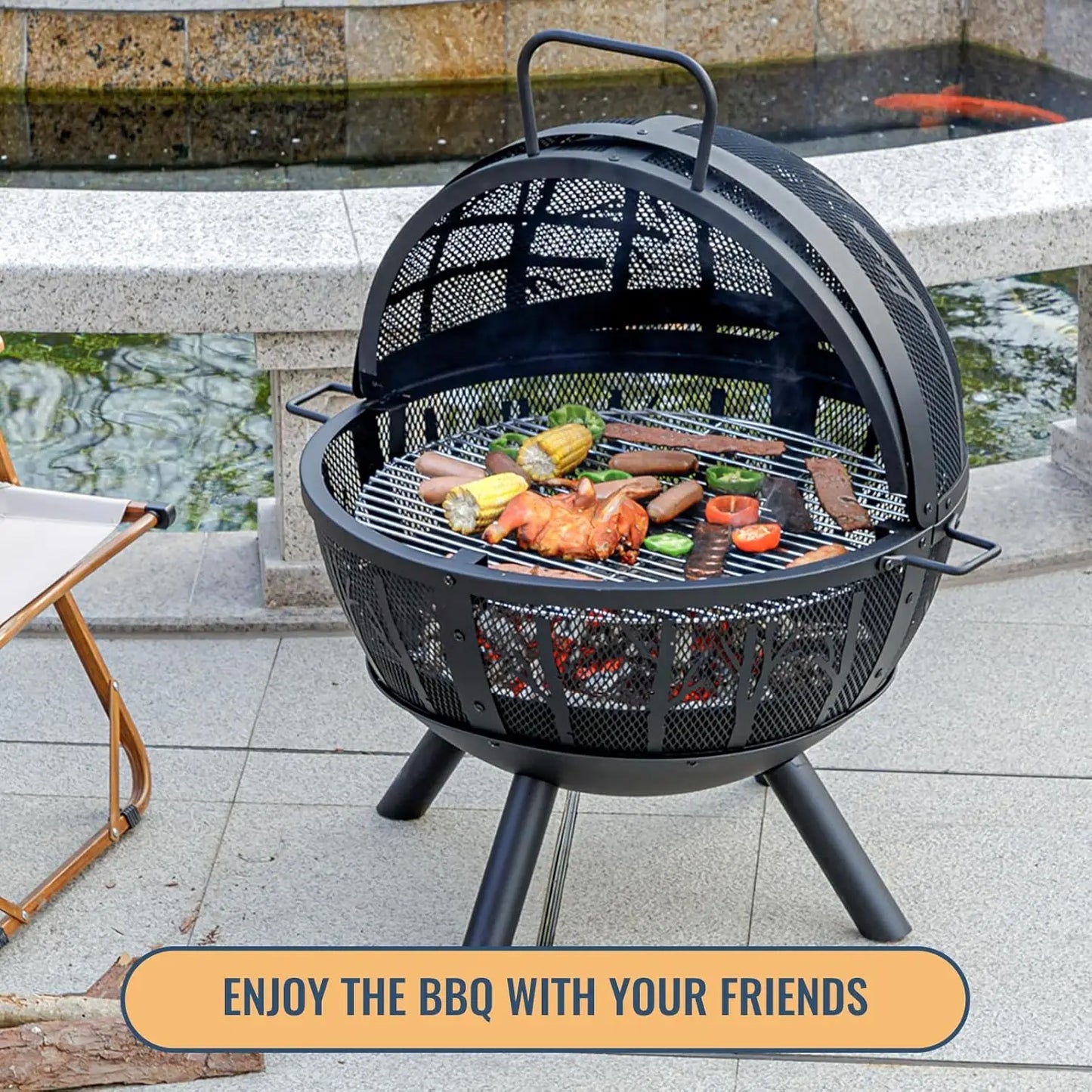 35 Inch Wood Burning Fire Pit with BBQ Grill, Heavy Duty Fire Pits Ball for Outside with Spark Screen & Removable Ash Pan