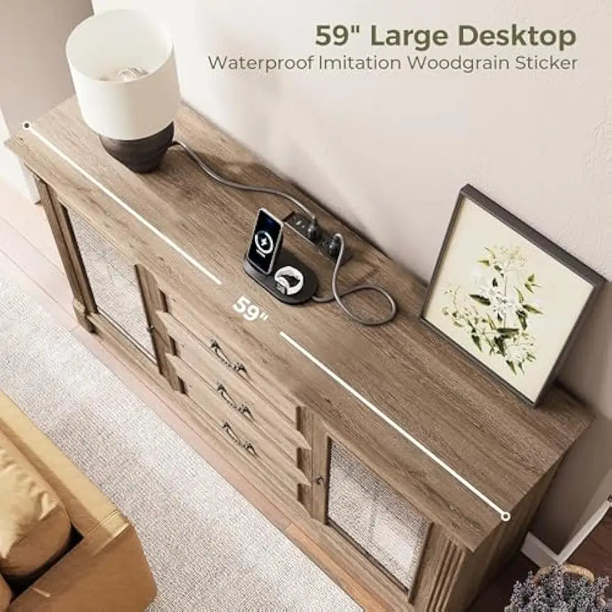 General Use Farmhouse TV Stand With Outlets And Glass Doors