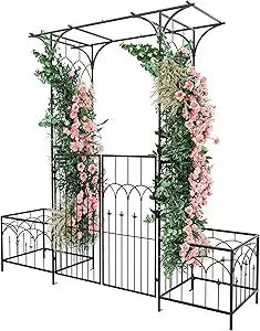 Garden Arbor with Gate and Planter Box, Metal Garden Arch for Climbing Plants Outdoor, Wedding Arches for Ceremony, Garden Arbo