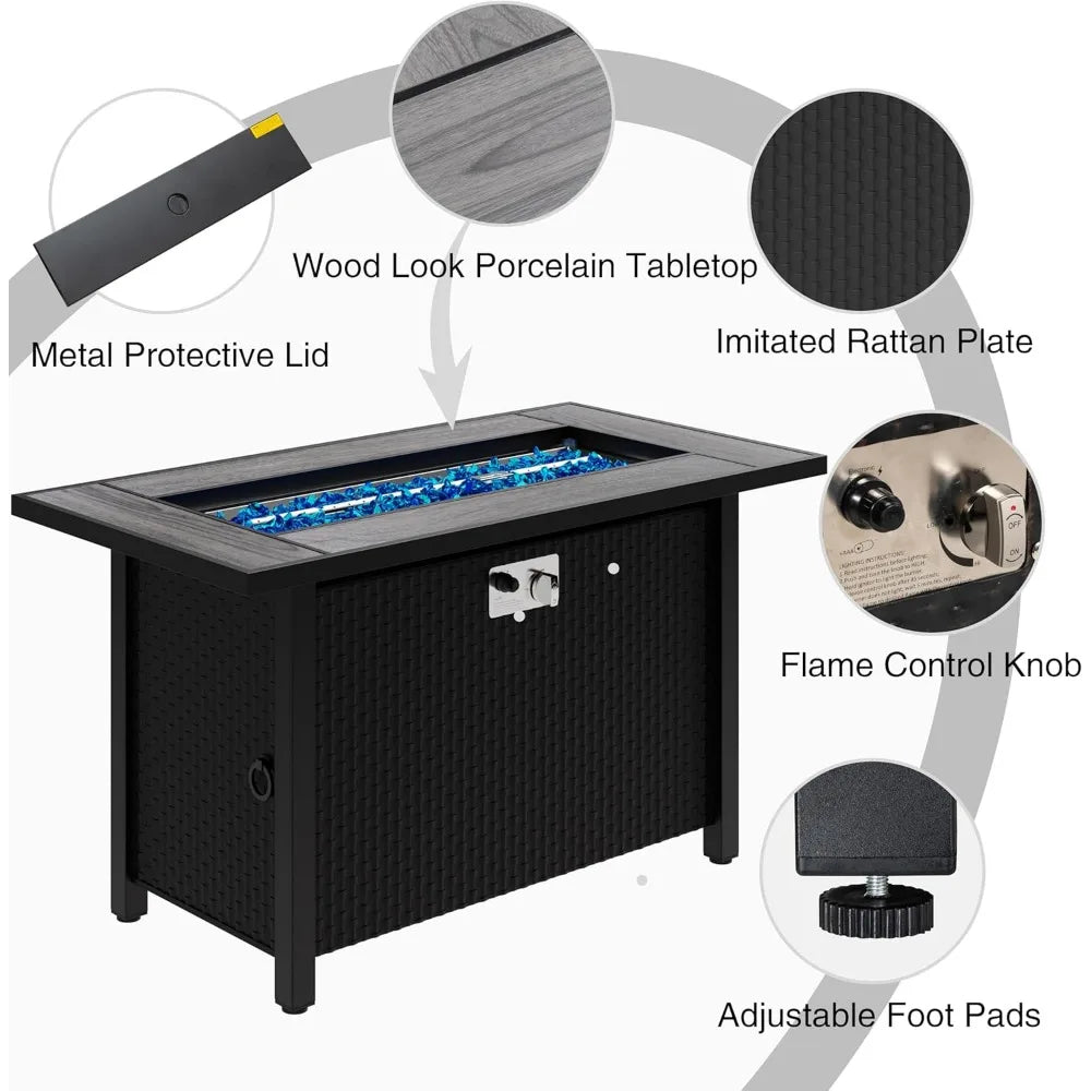 45in Fire Table, Propane Fire Pit with Glass Wind Guard and Rain Cover, Outdoor Firepit Table 50000 BTU 3-in-1 Fire Table for P
