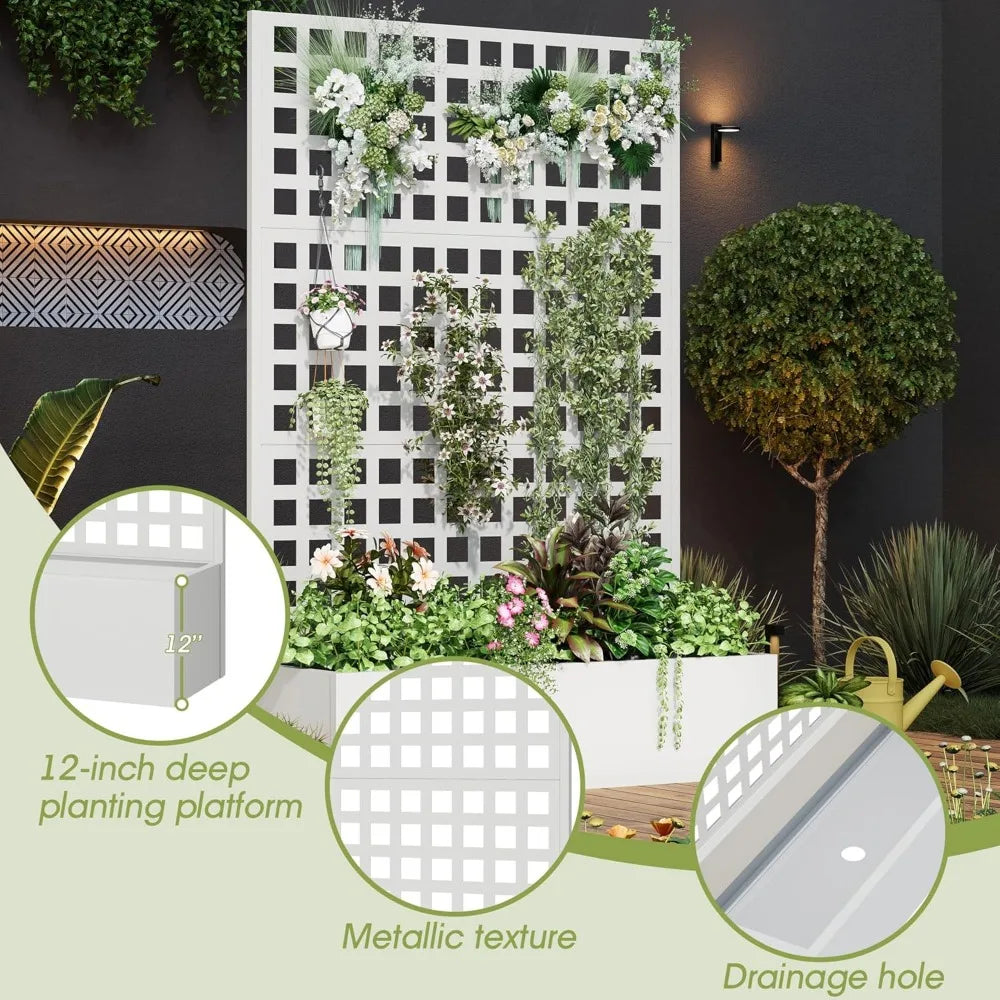 Metal Planter Box with Trellis 71 Inch by 47 Inch by 16 Inch Raised Garden Bed with Privacy Screen and Drainage Hole