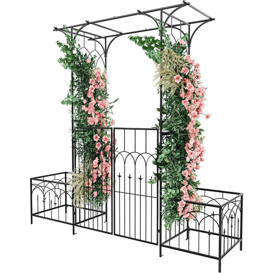 Garden Arbor with Gate and Planter Box, Metal Garden Arch for Climbing Plants Outdoor, Wedding Arches for Ceremony, Garden Arbo