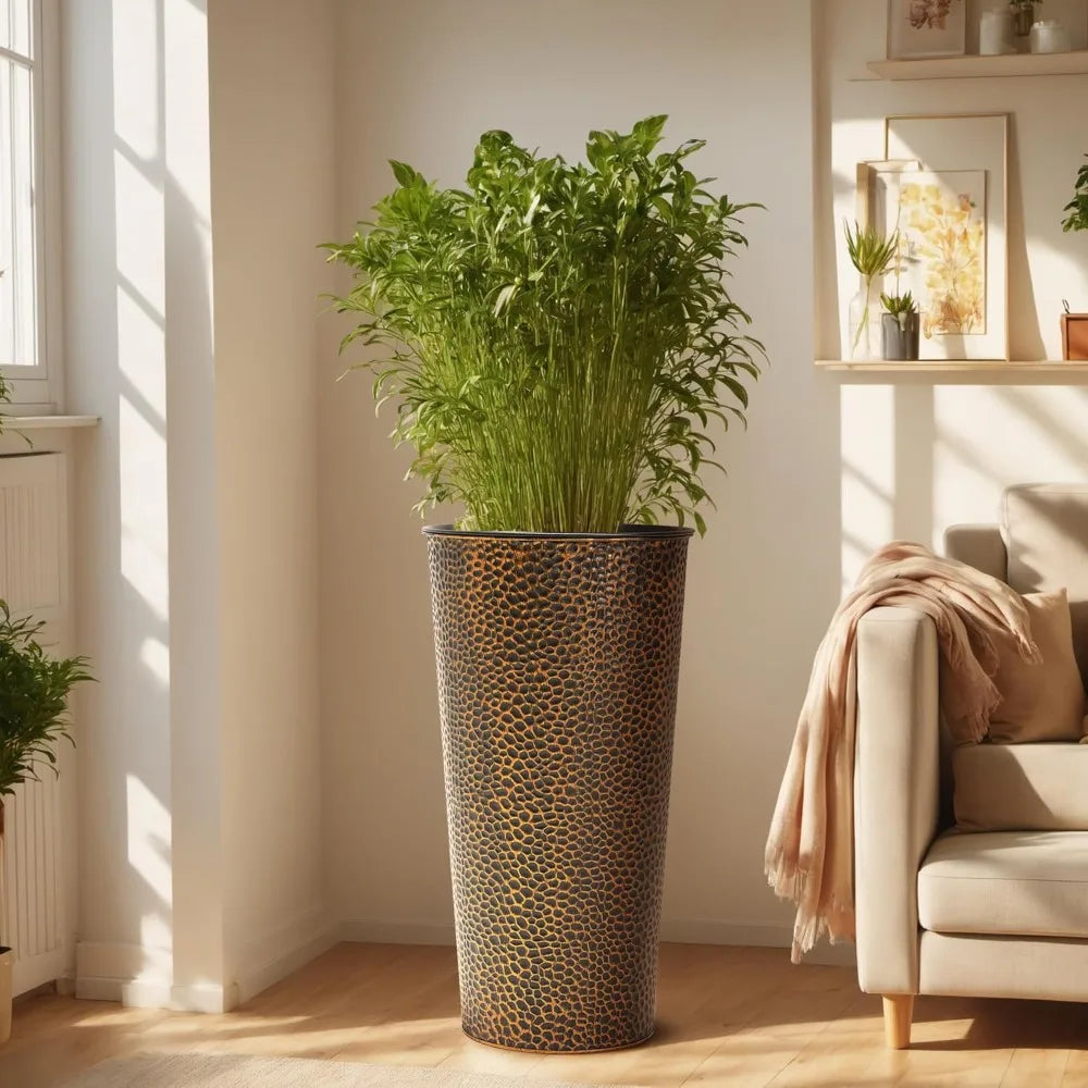 KOL 28 Inch Tall Metal Cone Planters with Inner Pots 2 Pack Bronze Hand Hammered Large Decor Planter for Deck Patio Porch