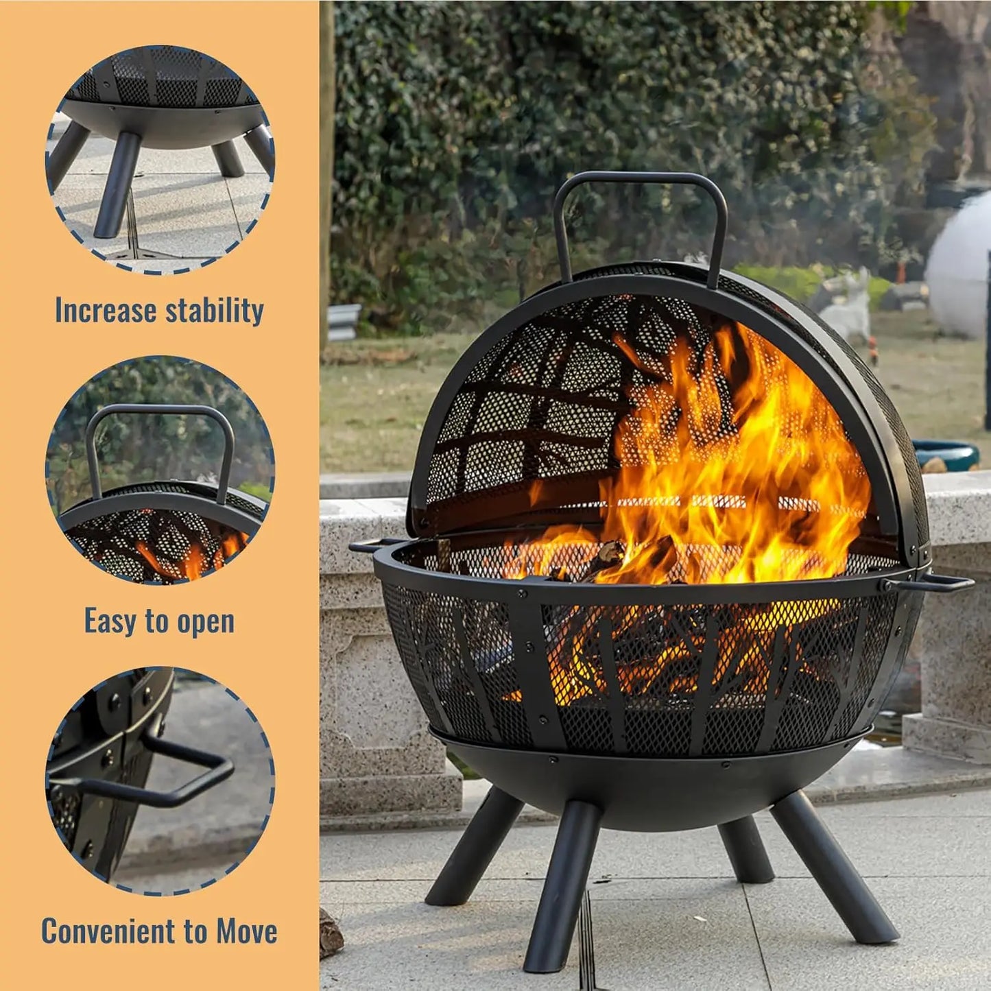 35 Inch Wood Burning Fire Pit with BBQ Grill, Heavy Duty Fire Pits Ball for Outside with Spark Screen & Removable Ash Pan