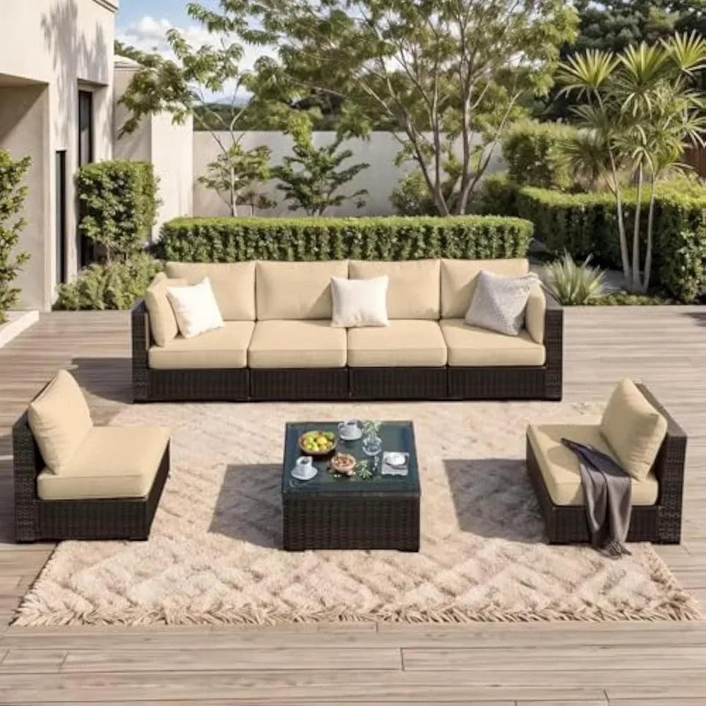 Patio Furniture 7 Pieces Set, Sectional PE Rattan Conversation Sets with Cushions& Glass Coffee Table, Patio Furniture Set