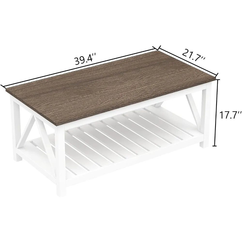 Farmhouse Coffee Table, Rustic Vintage Living Room Table with Shelf,Farmhouse Coffee Table