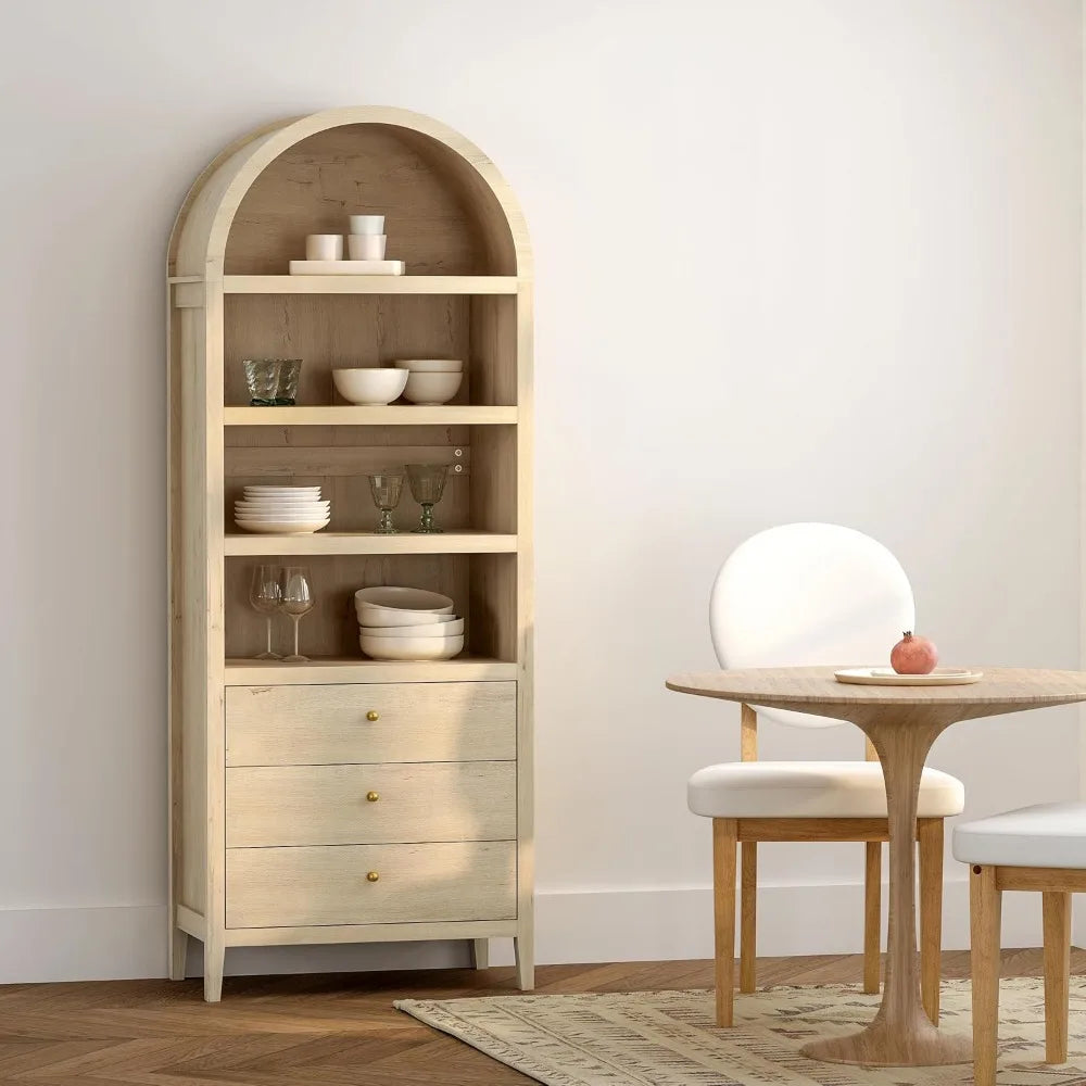 MKDK Tall Arched Bookshelf With Drawers Farmhouse Cabinet