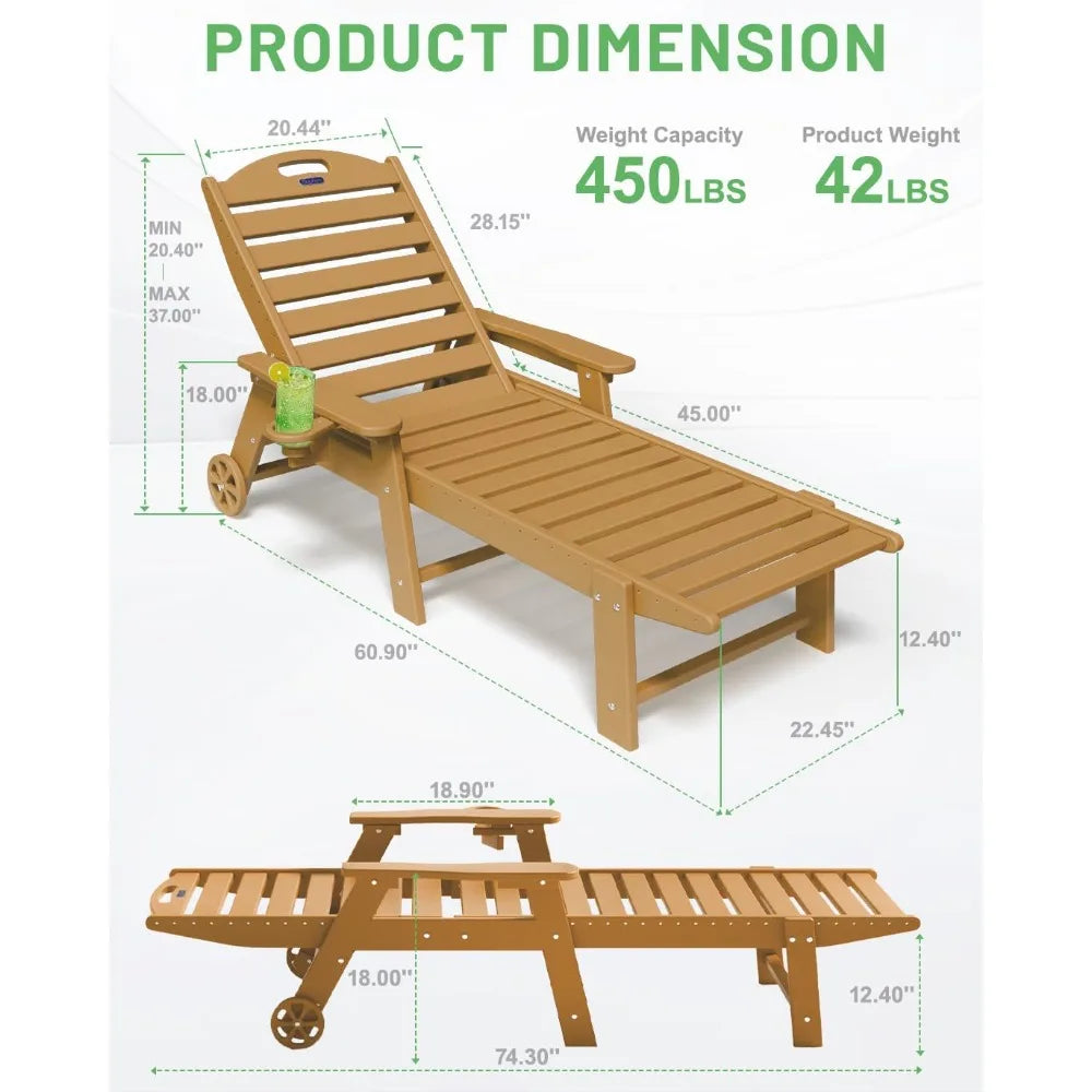 Outdoor Lounge Chairs Set of 2 with Wheels and Cup Holder