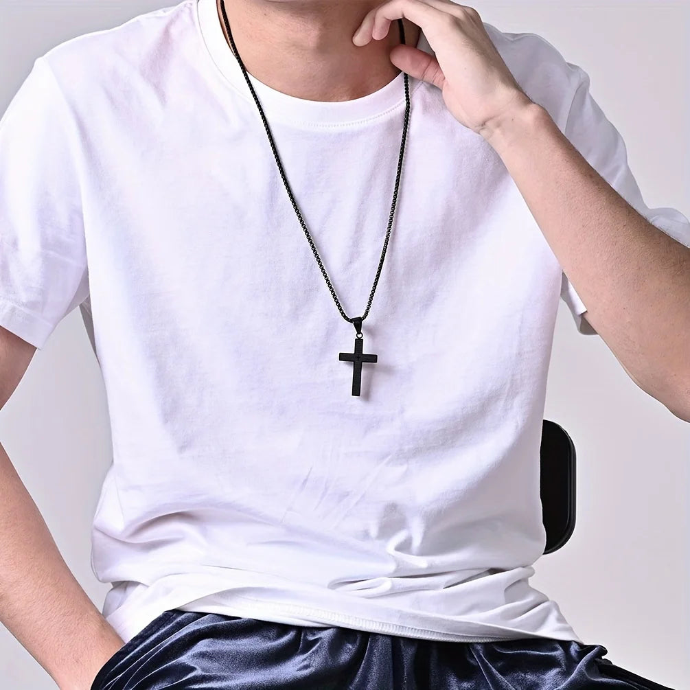 Sweet Blossoms Haven Carved Cross Pendant Titanium Necklace