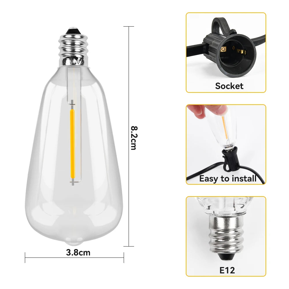 ST38 LED String Light 50FT 100FT IP65 Festoon Outdoor Light Garden Cafe Wedding Street Fairy String Lights Christmas Decoration